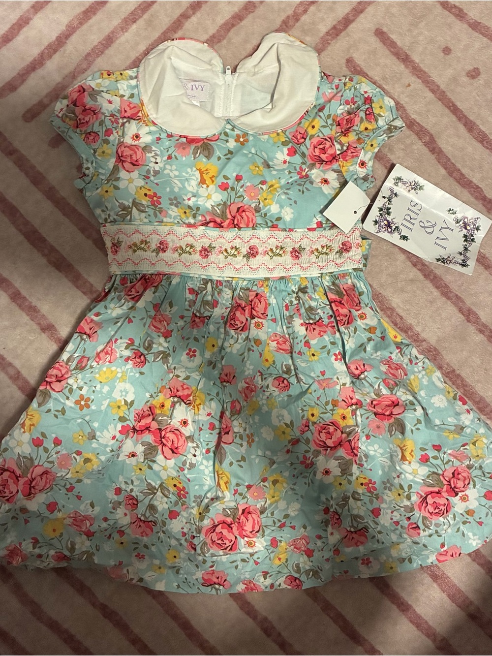 iris & ivy Aqua Floral Dress with White Peter Pan Collar